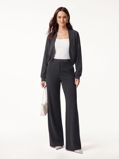 2Pcs Set Long Sleeve Shrug Cardigan & High-Rise Wide Leg Pants with Pockets