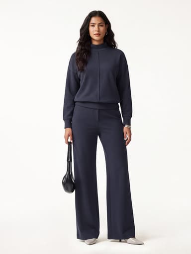 2Pcs Set Mockneck Long Sleeve Shirt & High-Rise Wide Leg Pants with Pockets