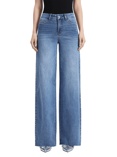 ONESO Stretchy Wide Leg BBL Baggy Jeans Mid-Low Waist Distressed Raw Hem Denim Pants