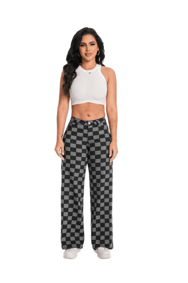 ONESO Women's BBL Jeans Checkered Print Mid Rise Straight Leg High Stretch Denim Pants