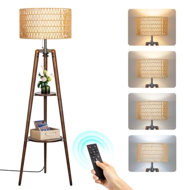 OUTON Boho Rattan Tripod Floor Lamp with Shelves, Dimmable Standing Lamp with Remote Control,Wood Tall Floor Lamps for Living Room Bedroom Office Farmhouse, Woo