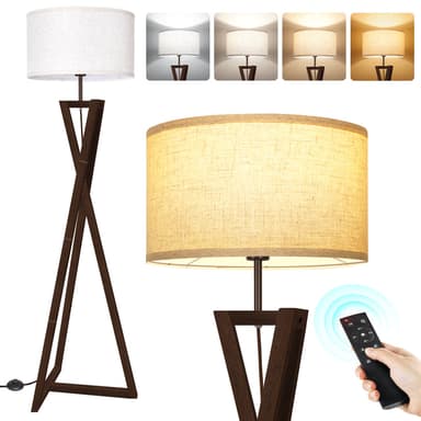 OUTON Wood Tripod Floor Lamp with Shelves, Dimmable Standing Lamps with Remote Control, Modern Shelf Floor Lamp for Living Room, Bedroom, Office, LED Bulbs Incl