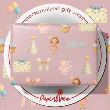 Girls' Pastel Party Gift Wrap - Custom Name Birthday Balloons & Cake
