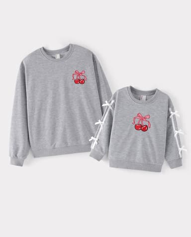 Mommy and Me Cherry Bow Crewneck Sweatshirts Grey