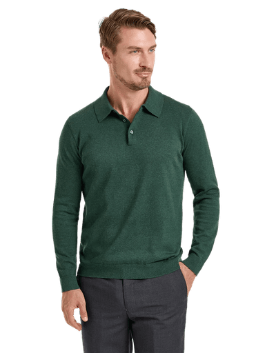 Long Sleeve Cotton Jersey 3-button Solid Polo With Red Plaid Trim - Green Multi