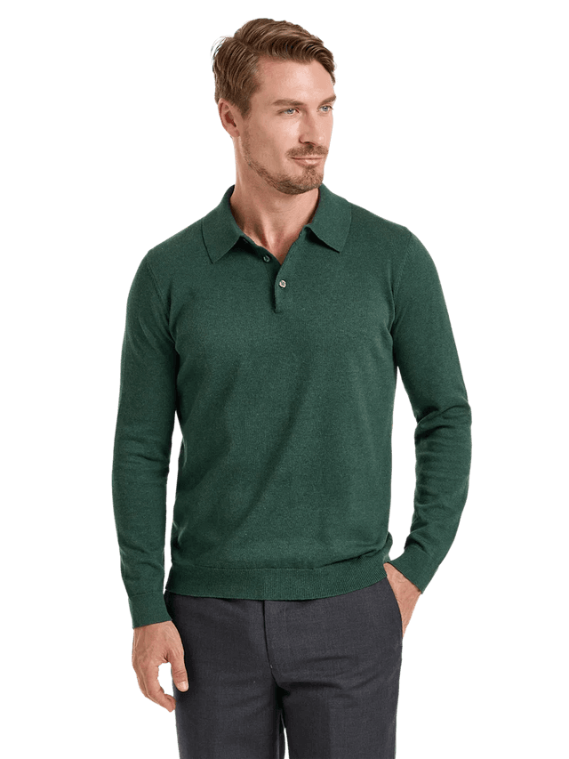 Long Sleeve Cotton Jersey 3-button Solid Polo With Red Plaid Trim - Green Multi