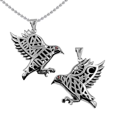 Odin's Raven with Rune Symbols Sterling Silver Pendant with Gemstone Eye TPD6500