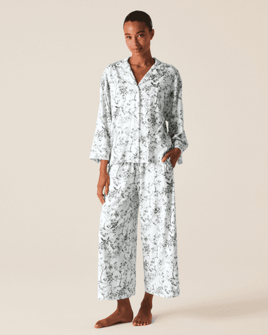 The Olivia Wide Leg Pima Pajama Set in Evergreen Timeless Toile