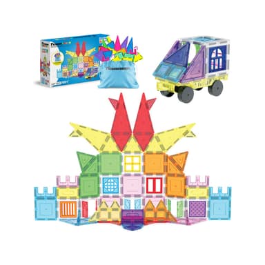PicassoTiles 100pc Magnetic Tile Castle STEM Set with Rolling Car Base