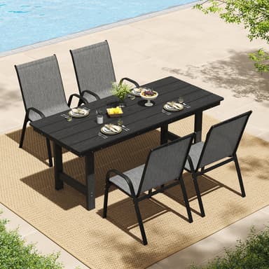Pizzello HDPE Rectangular Outdoor Dining Set, All Weather Patio Table and Textilene Patio Chairs