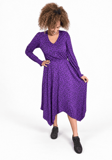 Rona Purple Black Spot Print Handkerchief Hem Dress