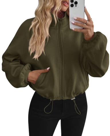 PRETTYGARDEN Womens Zip Up Fleece Cropped Sweatshirt Jacket | Oversized Loose Soft Stand Collar with Drawstring Hem, Long Sleeve Casual Coat With Pockets, Fall 