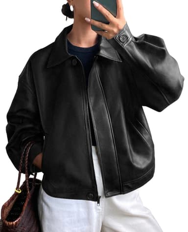 PRETTYGARDEN Women's Faux Leather Oversized Motorcycle Jackets | Fall Zip Up Jacket, Collared Neck, Button Cuff, Relaxed Fit, Long Sleeve, Casual Outerwear, Win
