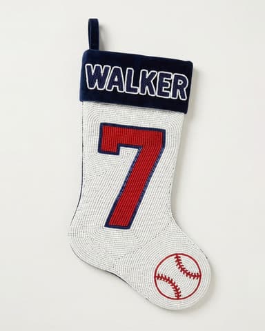 Personalized Beaded Baseball Christmas Stocking with Name and Number, Custom Sports Jersey Stocking, Hand Beaded Velvet Holiday Decor