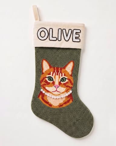 Personalized Beaded Christmas Stocking with Name, Tabby Cat Pearl Collar Holiday Stocking, Custom Pet Velvet Mantle Decor