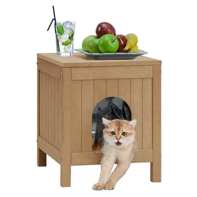 Psilvam Cat House with Side Table Function, Weatherproof Poly Lumber Outdoor Cat Shelter