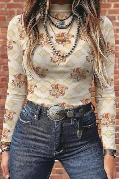 Floral Print Mock Neck Long Sleeve Slim Fit Top
