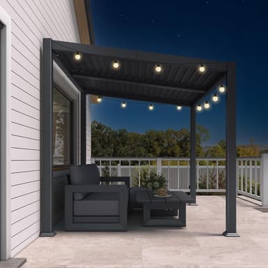 PURPLE LEAF Caesar Hardtop Louvered Pergola with String Lights, Slanted Roof Outdoor Aluminum Pergola with Adjustable Rainproof Louvers,Freestanding Patio Gazeb
