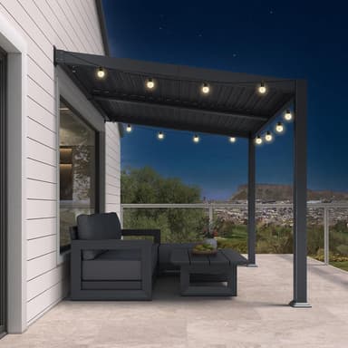 PURPLE LEAF Caesar Wall Mounted Louvered Pergola with String Lights, All-Aluminum Patio Cover with Adjustable Roof, Hidden Gutter Drainage, Lean-to Pergola for 