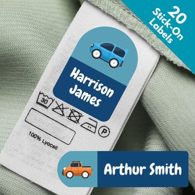 20 x Car & Truck Clothing Clothes Name Stickers For Kids School Uniform, Books, Stationery Bottles