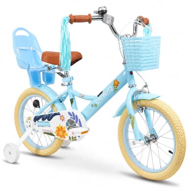 QWAYQ Kids Bike for 4-7 Years Old, 16" Children Bicycle with Training Wheels, Doll Seat and Basket, Girl's Bikes with Handbrake, Blue