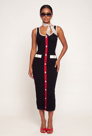 Contrast Trim Faux Button Detail Midi Dress