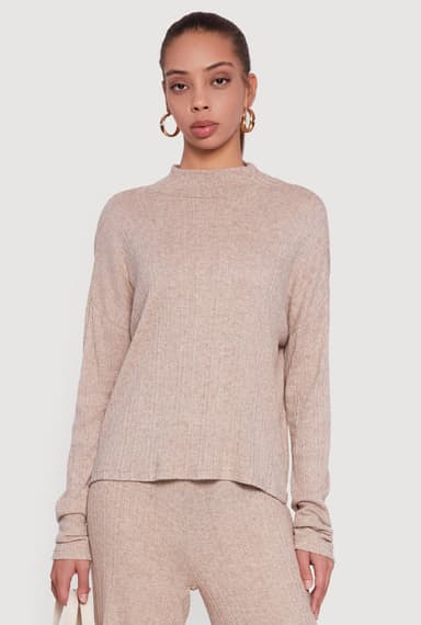 Marled Rib Knit Mock Neck Long Sleeve Blouse