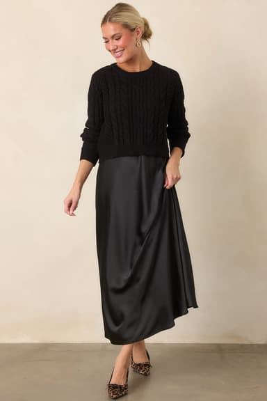 The Perfect Pairing Black Cable Knit Sweater & Satin Maxi Dress Set