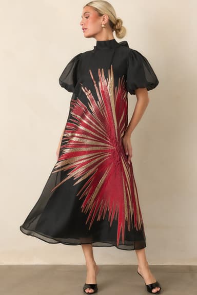 Light Up the Room Black & Red Metallic Starburst Midi Dress