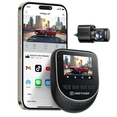 Redtiger A2 Dash Camera Front and Rear, 2.5K+1080P Dual Dashcam, WiFi, Loop Recording, G-Sensor, 24H Parking Mode, Super Capacitor, Wide Angle (SD Card Not Incl