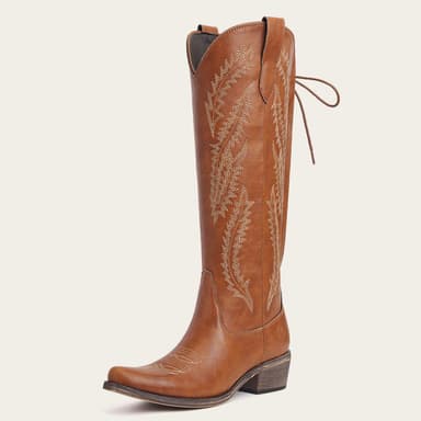 The Cattle - Tan Wide Calf Embroidered Snip Toe Cowgirl Boots with Side Zipper