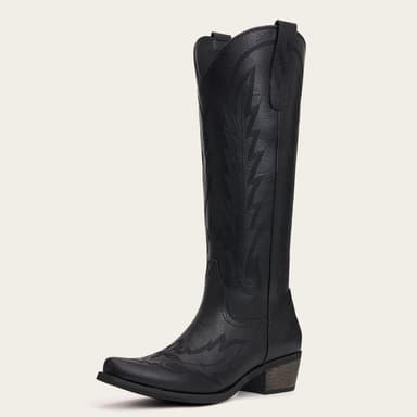 The Rosemary - Black Embroidered Tall Western Cowgirl Boots with Side Zipper