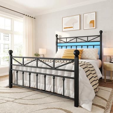 REIBII 54" Tall Headboard Metal Platform Bed Frame with LED Lights, 883 LBS Reinforced Steel Support, 12.7" Under-Bed Storage, Noise-Reducing Slats, No Box Spri