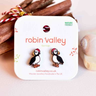 Christmas Puffin in a Red Santa Hat Earrings