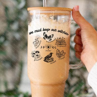 40oz We Must Keep Our Witches Glass Cup with Bamboo Lid & Straw #100353
