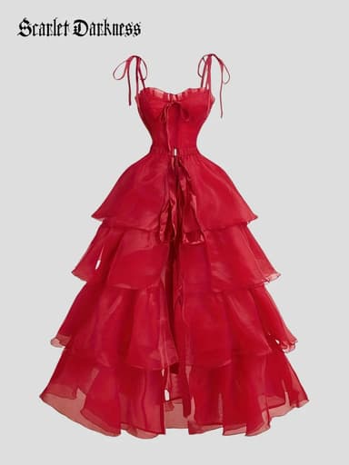 Victorian Two Piece Corset Dress with Tiered Ruffle Overskir