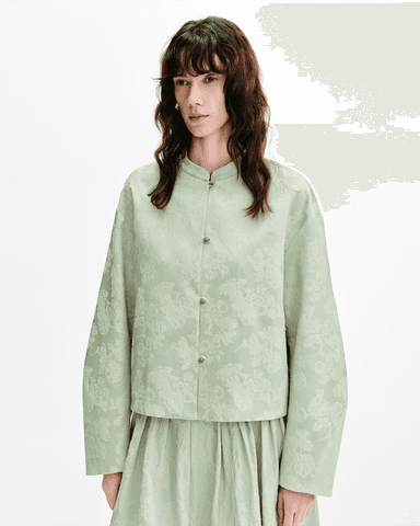 Cocoon-Silhouette Mandarin Jacket with Agate Buttons