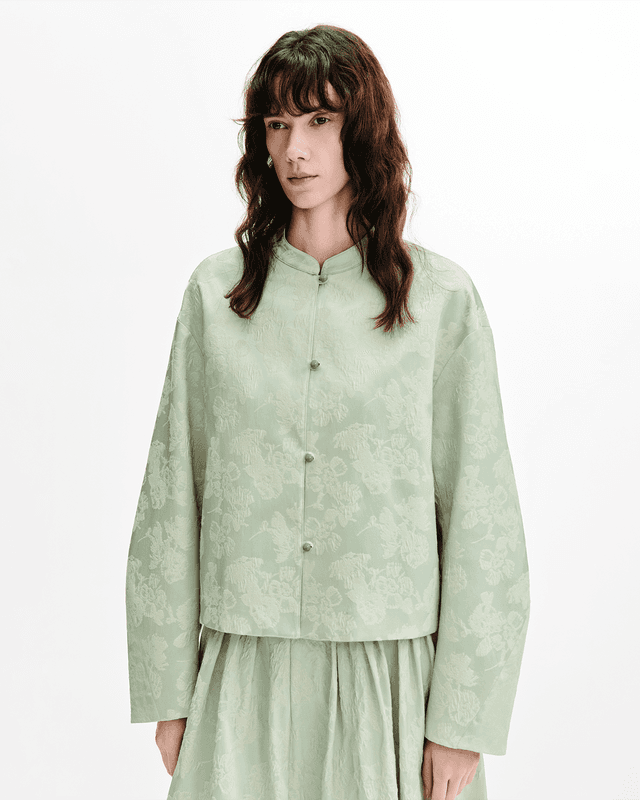 Cocoon-Silhouette Mandarin Jacket with Agate Buttons