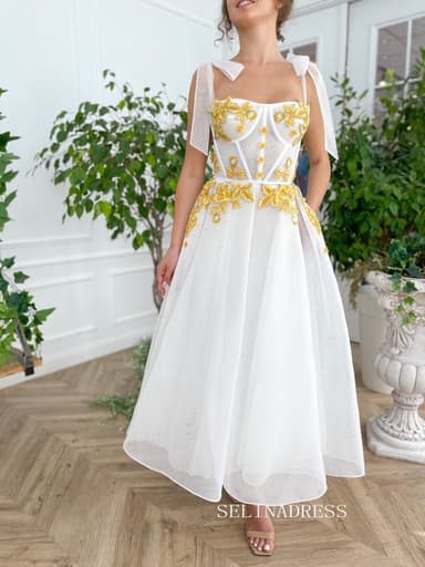 White Straps Tea Length Prom Dresses Gown With Gold Floral Placket TUN007
