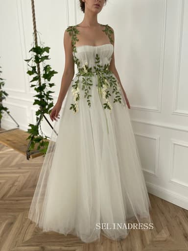 A-line Foor Length White Tulle Gown Long Prom Dress With Green Leaves TUN005
