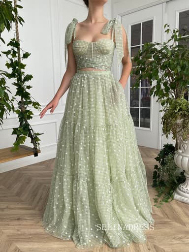 A-line Foor Length Green Ruffle Gown Long Prom Dress With Side pockets TUN010