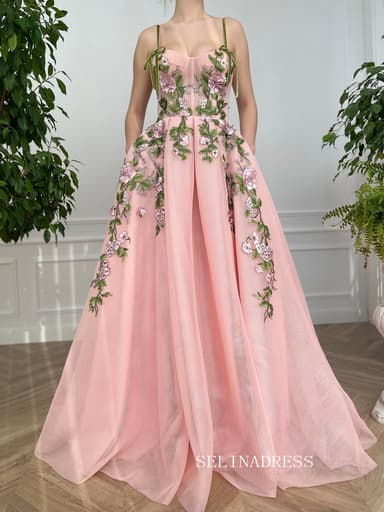 A-line Foor Length Pink Whimsical Gown Long Prom Dress With Side pockets TUN012