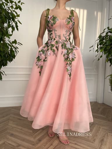 A-line Tea Length Pink Garden Dress Short Prom Dress With Side pockets TUN011