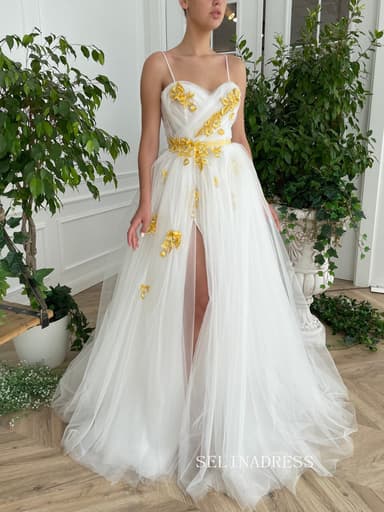White A-line Straps Long Prom Dresses Gown With Slit TUN006