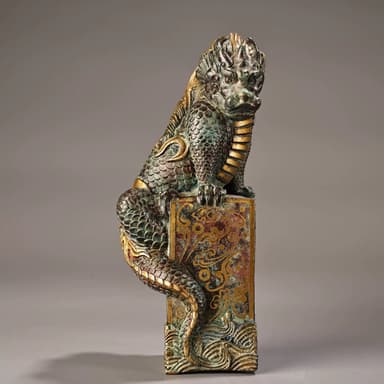 Bronze Dragon Son Guardian Statue Gold Inlaid Handmade Sculpture