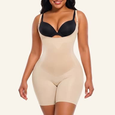 SHAPERX Seamless Bonded Open-Bust Mid-Thigh Faja Bodysuit