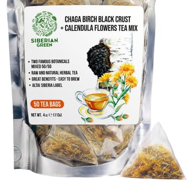 Siberian Green Chaga Tea with Calendula | 50 Tea Bags for Immune and Skin Support
