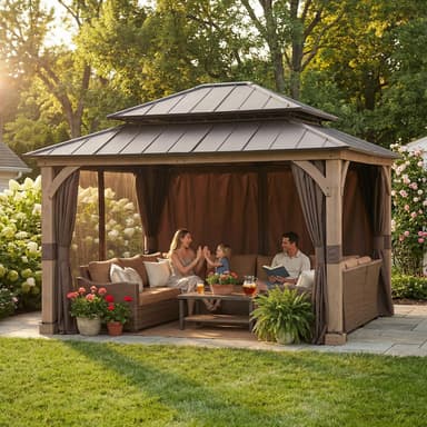 Extra-Large Vent Top Wood Gazebo with 5.5" Thick Posts, Netting & Curtains, 11x13