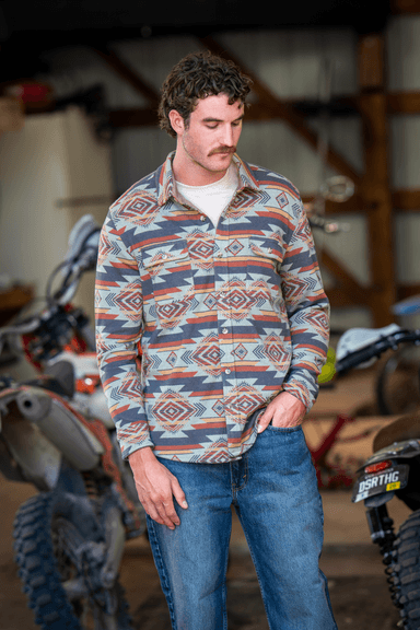 The High Desert | Blue and Orange Aztec Chinchilla Soft™ Long Sleeve Stretch Button Up Shirt