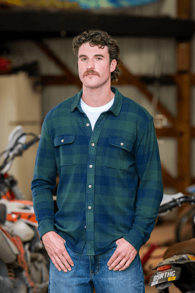 The Lowball | Navy and Green Work Plaid Chinchilla Soft™ Long Sleeve Stretch Button Up Shirt | Pre-Order | Ships early October 2026